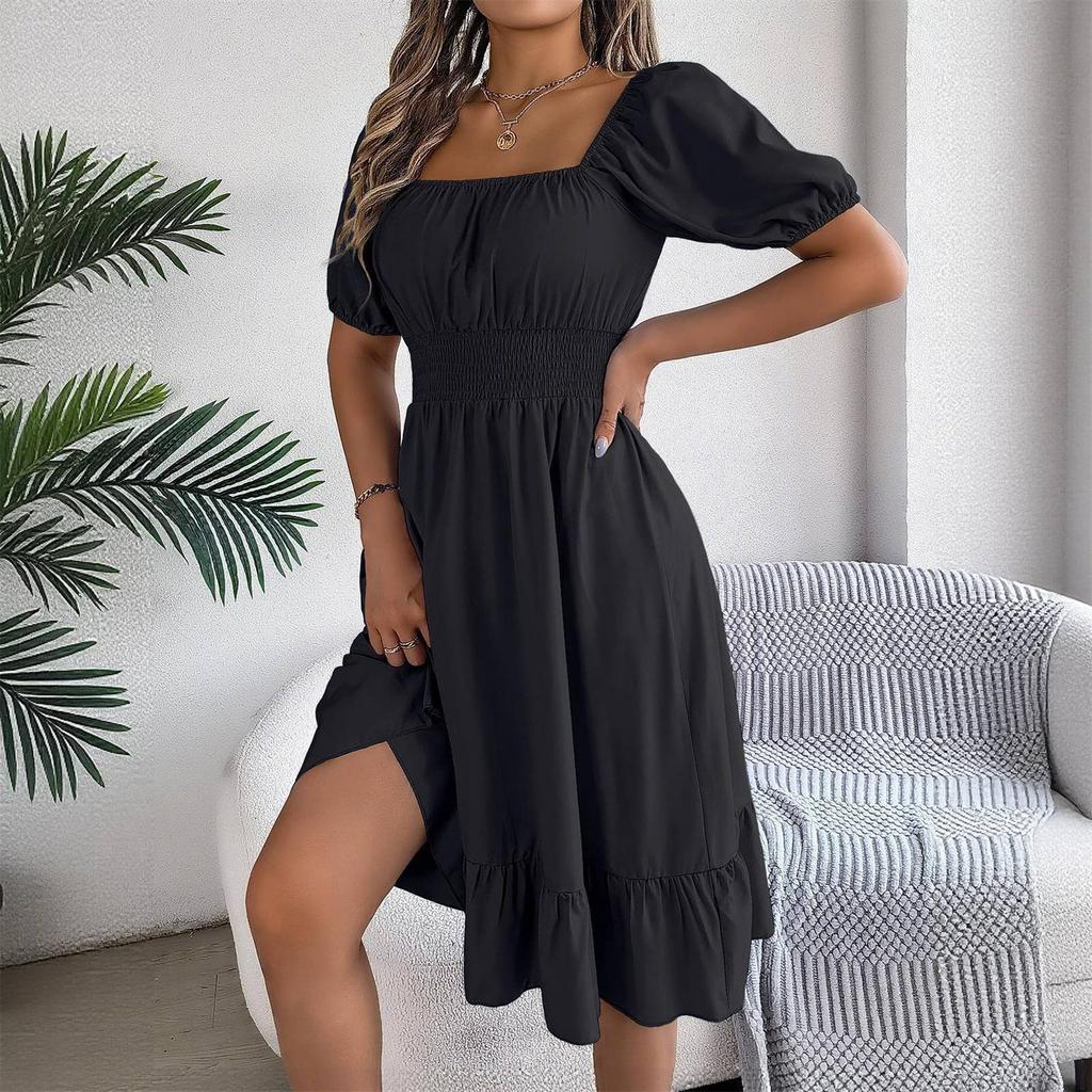 Women's Fashionable Retro Color Square Collar Fungus Hem Waist A-line Long Skirt Short-sleeved Dress