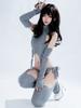 Erotic Anime Sexy Cat Girl Gray Turtleneck Sweater Uniform Outfit Cosplay Women Backless Knit Clothes Garter Stocking Costume