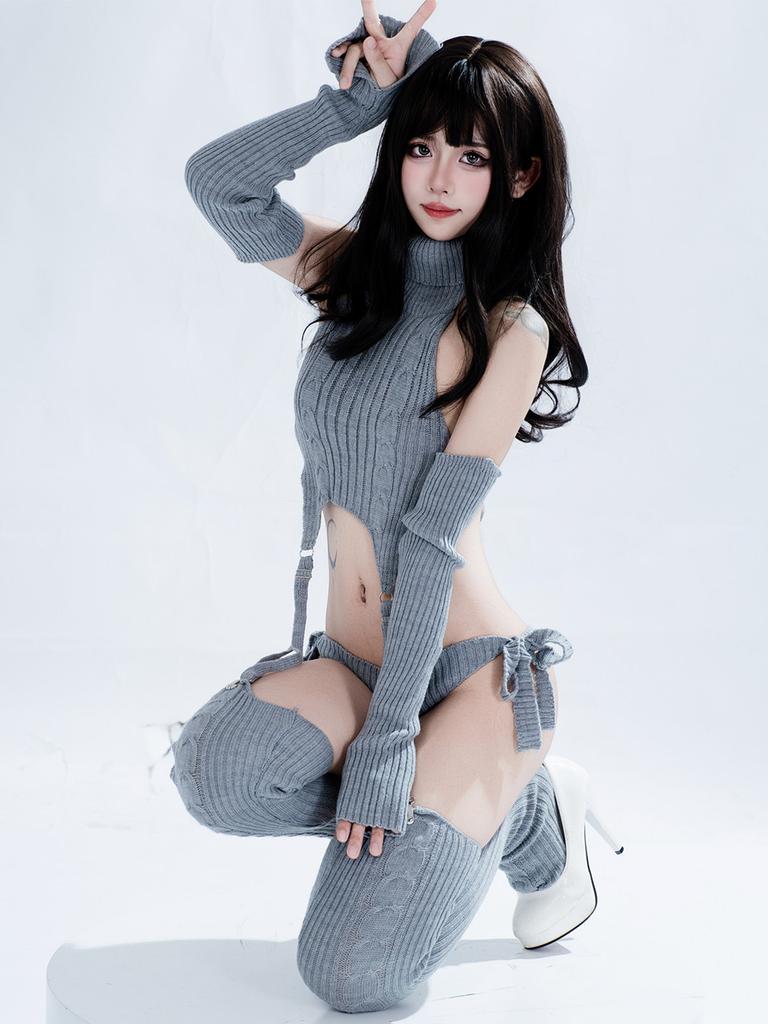 Erotic Anime Sexy Cat Girl Gray Turtleneck Sweater Uniform Outfit Cosplay Women Backless Knit Clothes Garter Stocking Costume