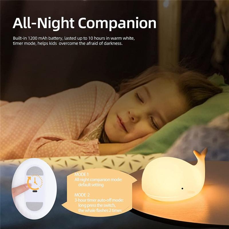 Children Led Luminous Whale-shape Night Light 7-color Usb Rechargeable Silicone Room Decoration