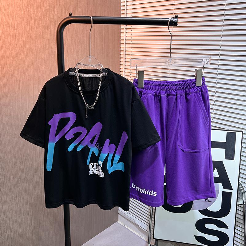 2024 Boys' Trendy Casual Short-Sleeve Two-Piece Set: Printed Round Neck Sports Tee & Shorts