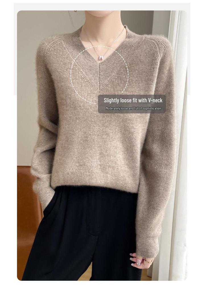 Women's Large V-Neck Cashmere Wool Sweater: Solid Color, Loose Fit, Soft Knitted, Thickened for Autumn & Winter.