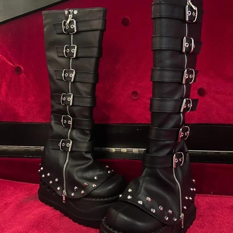 Fashion Black Platform Shoes Long Boots Women's Style Metal Belt Long Boots