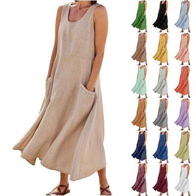 Women's Fashion Casual Solid Colour Sleeveless Cotton Linen Pocket Dress