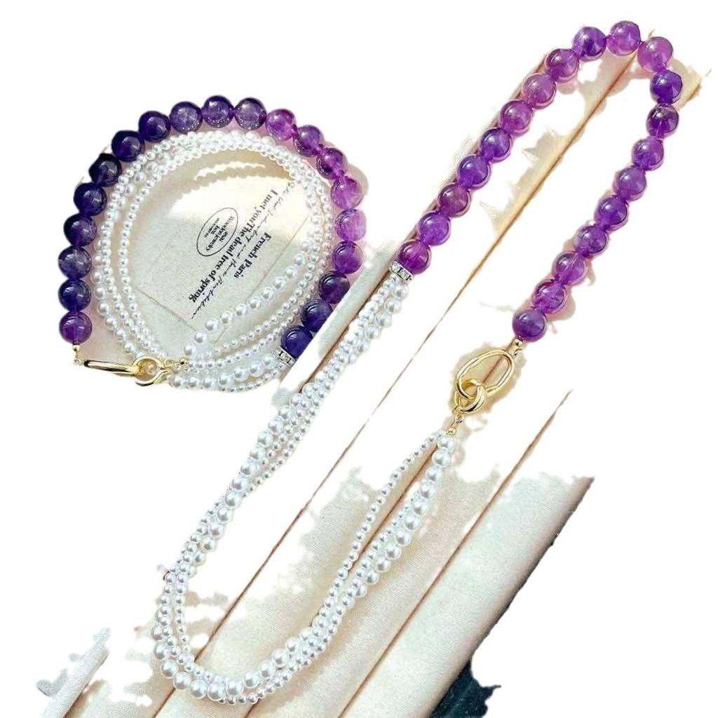 Vintage High-Quality Natural Amethyst Artificial High-Gloss Crystal Pearl Multi-Layer Design Necklace