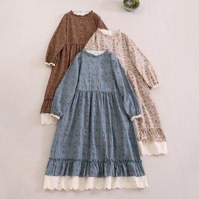 Vintage Floral Long Sleeve Dress, Women Casual Lace Hem Loose Swing Dress, Spring Elegant Slim Long Dress