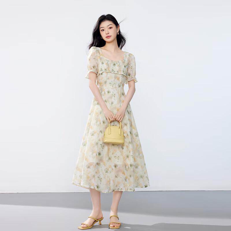 JOY SPEAKER Women's Elegant Printed Square Neck Midi Dress