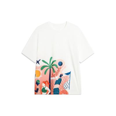 Li Ning Sports Lifestyle Series Printed Round Neck Comfortable Pullover Short Sleeve T-Shirt Men Tops Off-White AHSU307-2