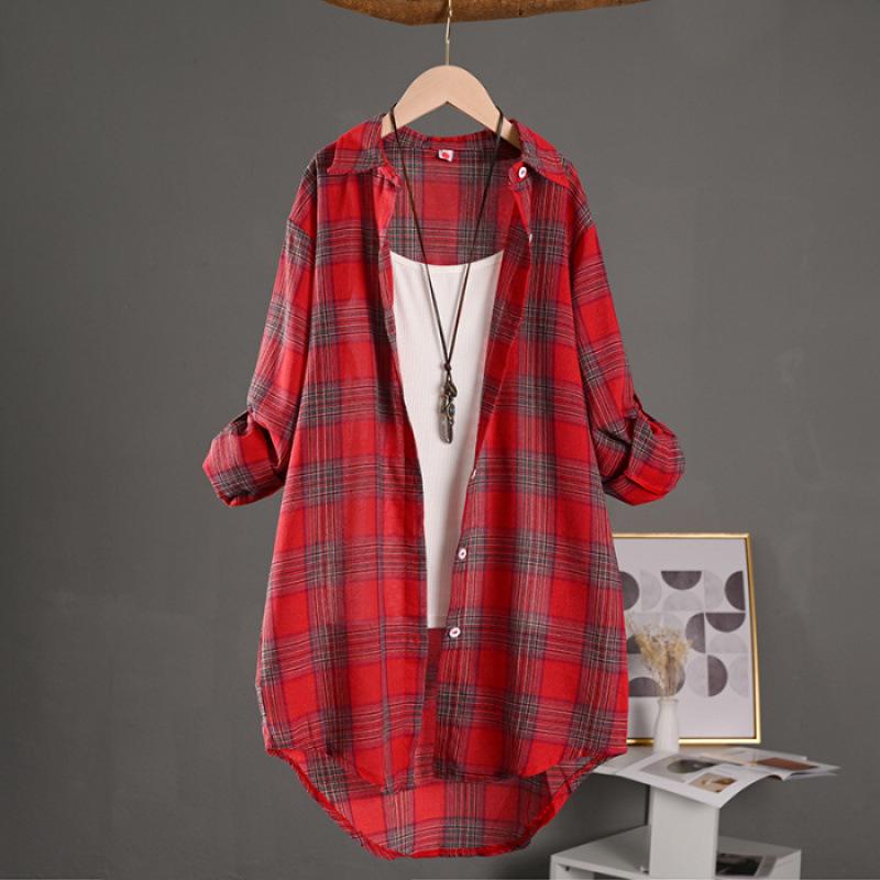 

Women s Plus Size Plaid Cotton Linen Shirt Jacket - Lightweight, Sun Protection, Loose Fit. 3XL красный