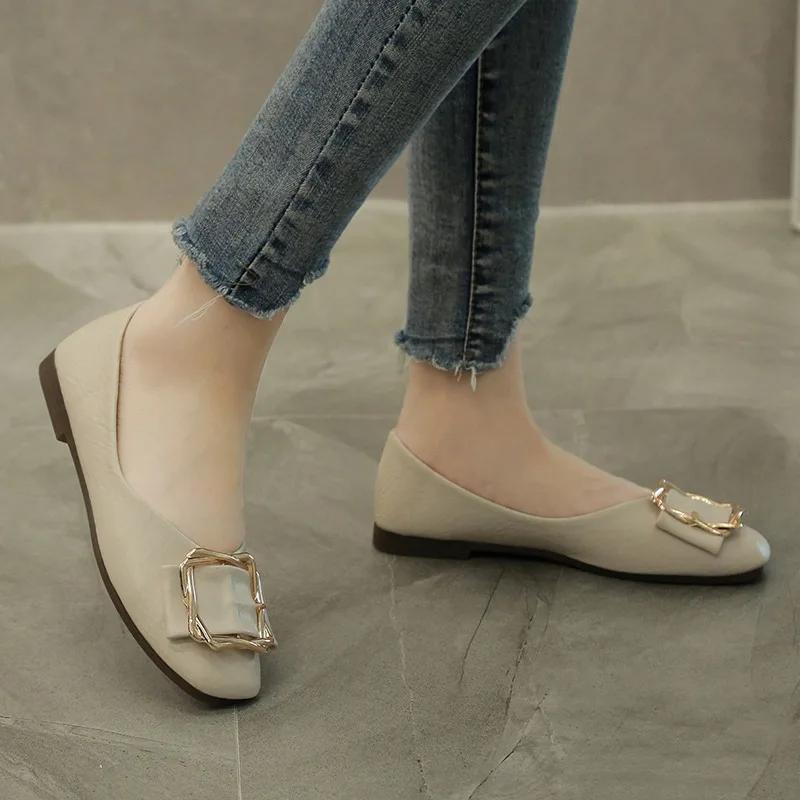 Fashion Woman Fashion Square Toe Daily Pu Flats Lady Metal Square Buckle Colorful Female Elegant Suede Plum Red Work Shoes