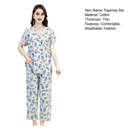 Women's Cotton Pajamas Set Short Sleeve Top Long Pants Casual Two-Piece Sleepwear Set Summer Plus Size Thin Loungewear for Elderly Mom