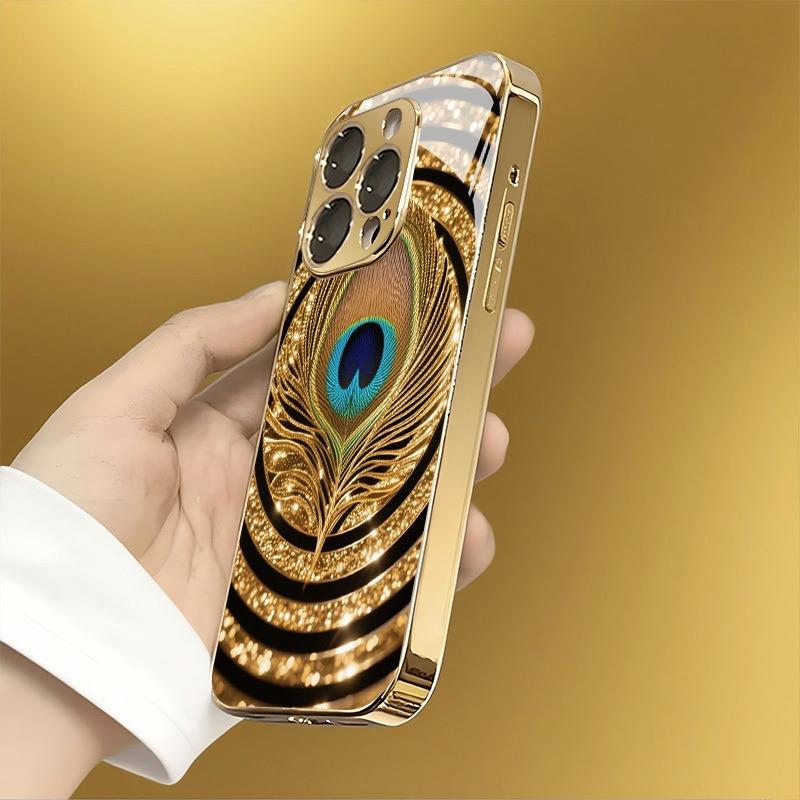 Luxury Peacock Feather Pattern Gold Metallic Paint Glass Phone Case For iPhone 17 16 15 14 13 12 11 Pro Max Plus 17Air 16E Cover