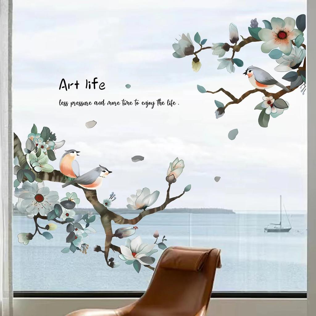 1 Stück Aquarell Vogel Pflaume Pfirsichblüte Wandaufkleber Für Wand Fenster Schlafzimmer Dekoration Raumdeko Für Haus