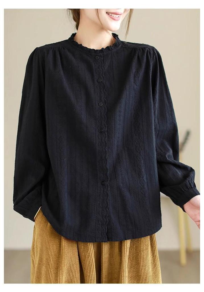 Women's Retro Cotton Linen Embroidered Ruffled Hem Shirt