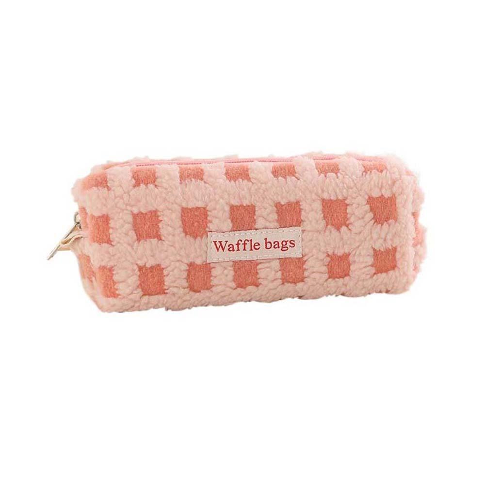 

Плюшевый пенал с вафельным узором, большой вместимости, плюшевая сумка для ручек, сумка для канцелярских принадлежностей, студенческий розовый
