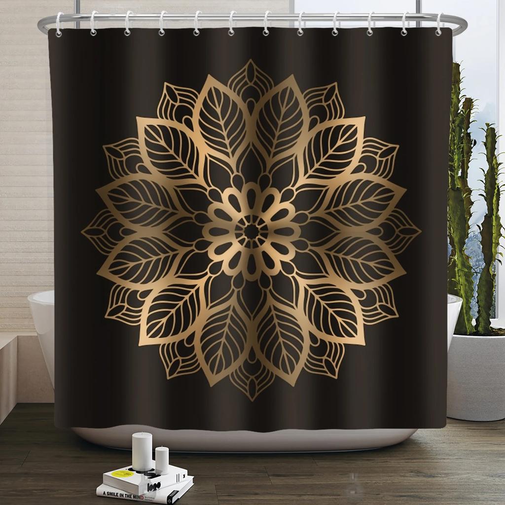 Bohemia Mandala Blume Duschvorhang Schwarz Gold Badevorhang Heim Badezimmer Dekoration Wasserdichtes Gewebe Badewannen-Bildschirm Mit Haken
