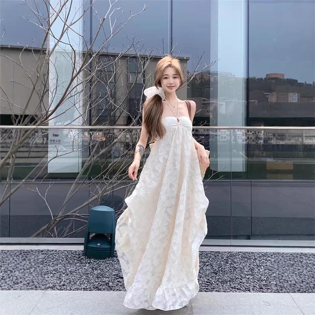 Women's Seaside Backless Halter Maxi Dress with Chest Pads - Spring/Summer Midi