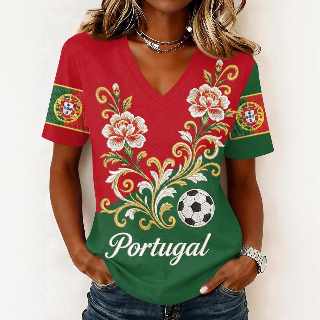 Women's Short Sleeve V-Neck T-Shirt with Soccer Flag Print for Casual Day Wear