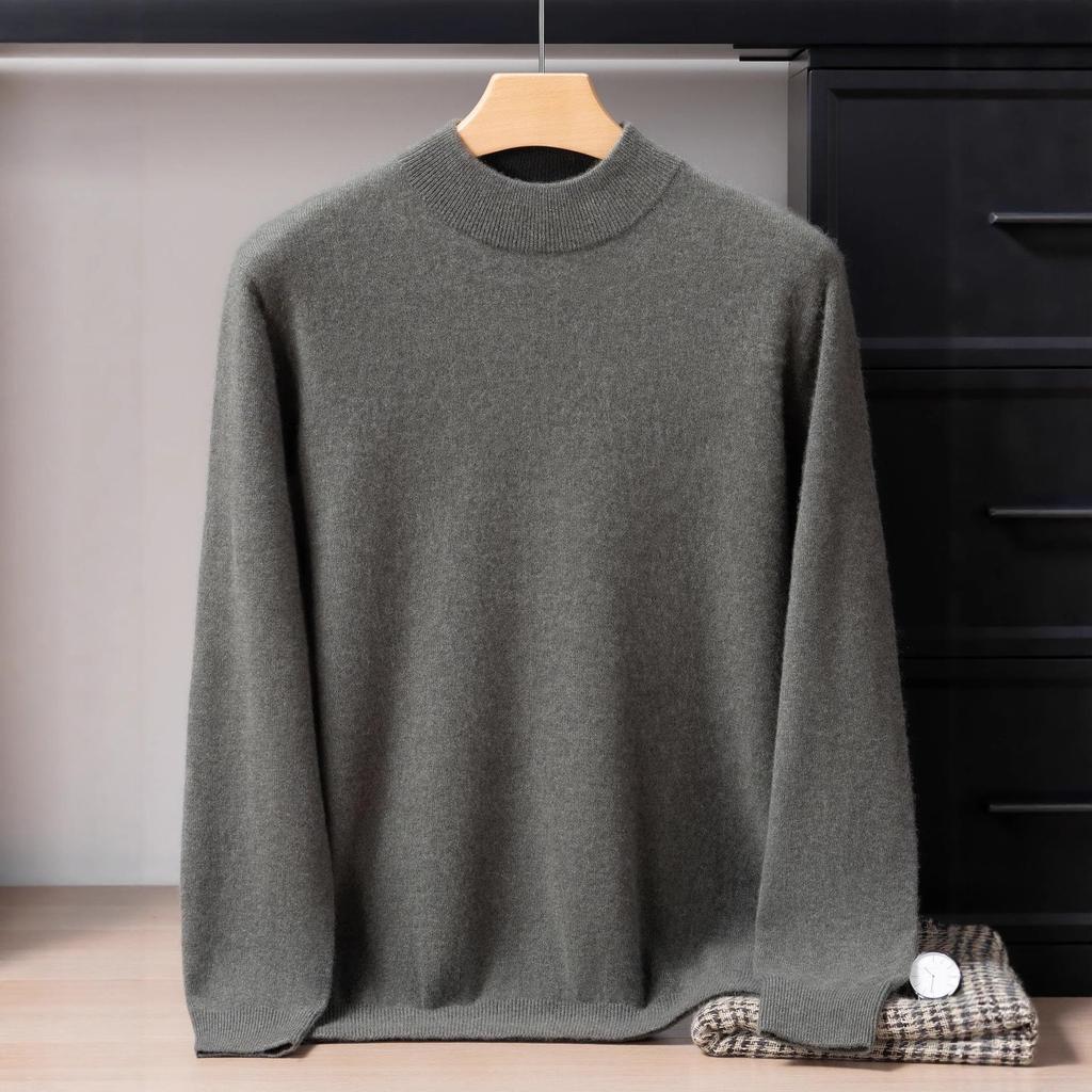Men's 12-Gauge Double-Layer Cashmere Sweater, Half-High Collar, Long-Sleeve, Business Casual, Warm Knitted Base Layer