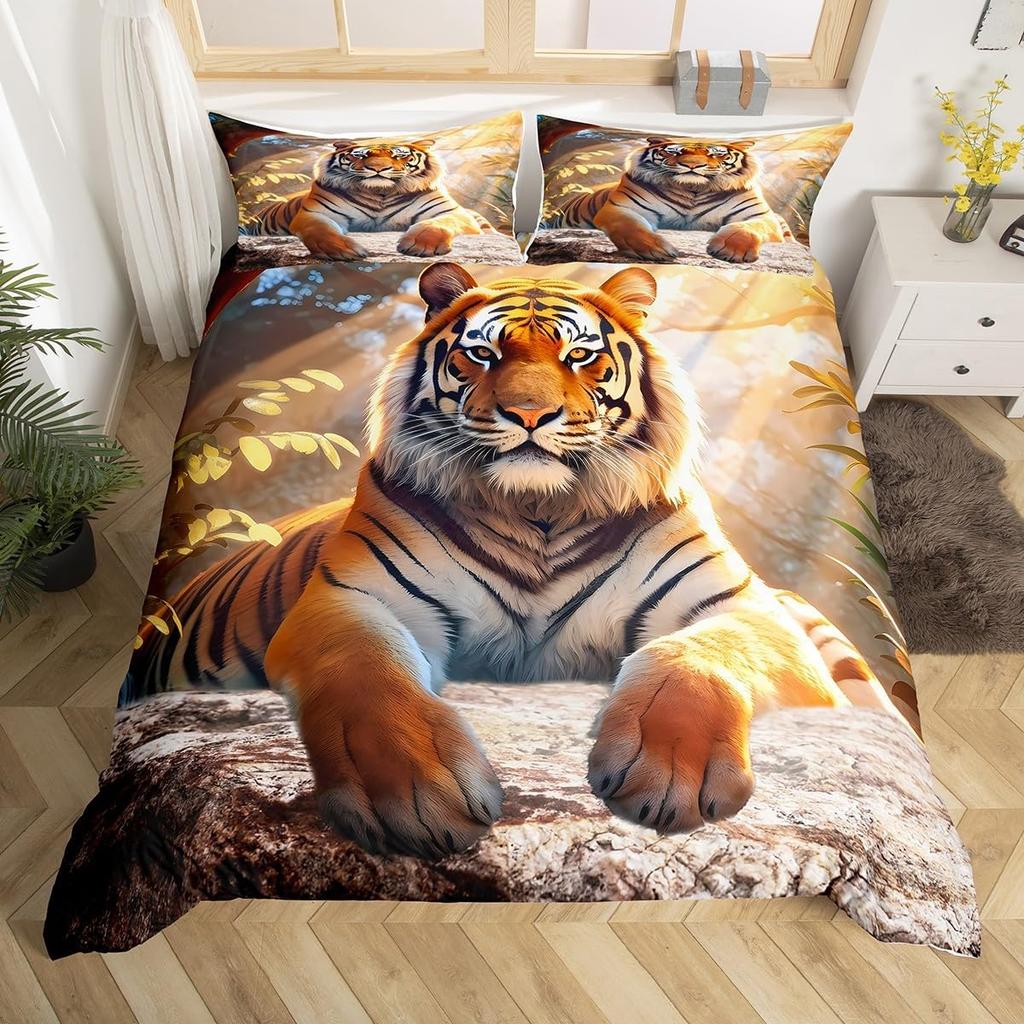 Tiger Duvet Cover Set Twin Queen for Boys Girls Wild Animal Print Bedding Set Soft Microfiber Comforter Cover with 2 Pillow Sham