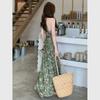 Retro green floral neck dress women's summer French vacation style skirt v-neck waist temperament a-word long dress
