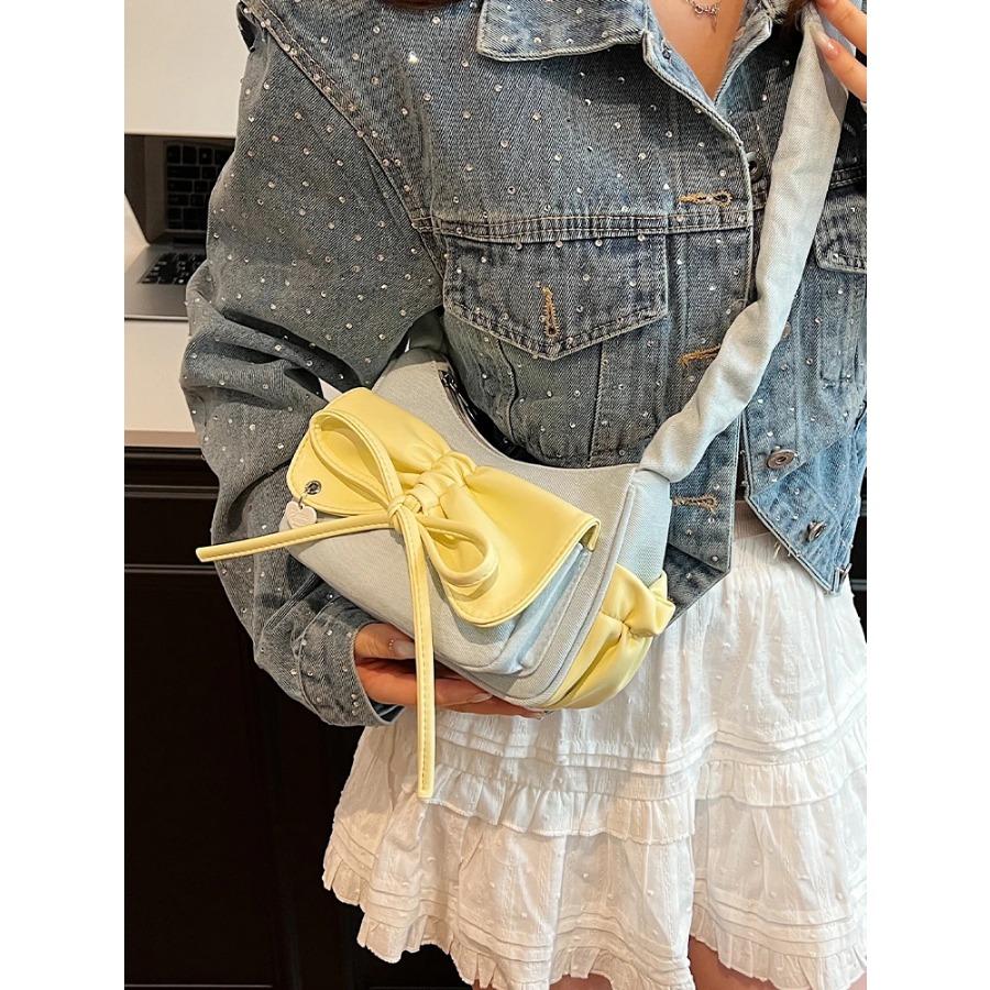 Fashion Pleated Bow Women Bag  Summer Simple All-Match Zipper Shoulder Bags Lady Denim Small Handbag