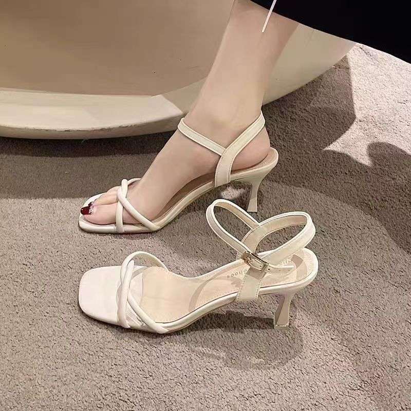

2025 summer new thin strap square head one-word sandals versatile high heels foreign Korean version with skirt light luxury women s shoes 34