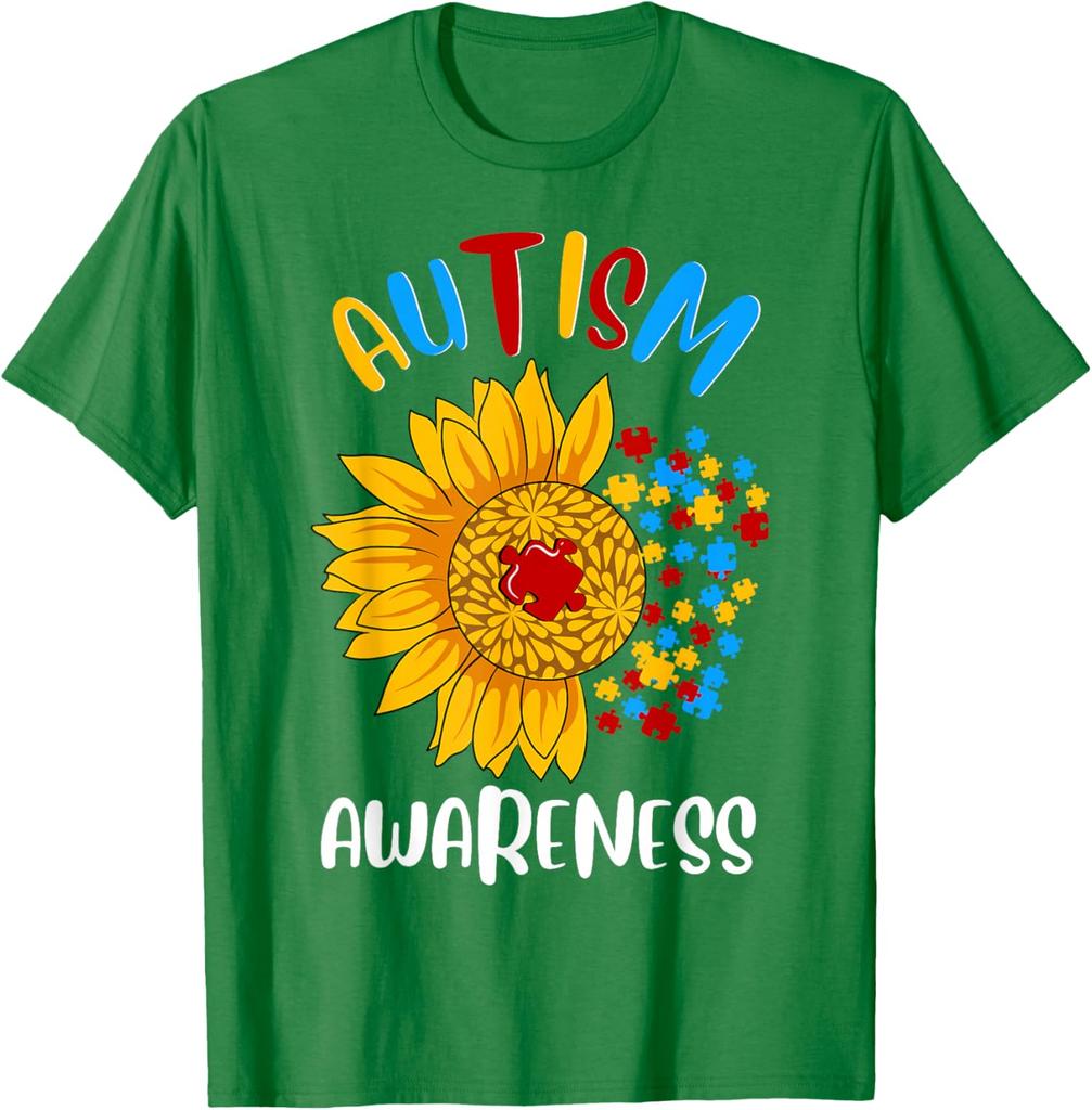 Autism Awareness Sunflower Print Cotton Casual Round Neck Short Sleeve T-Shirt Men Women