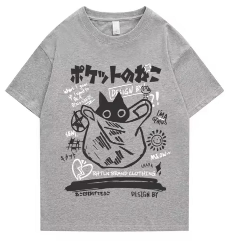 2026 Summer New Fashion Tshirt Pocket Black Cat Japanesestyle Graffiti Print Tshirt Unisex And Unisex Pure Cotton Breathable Top