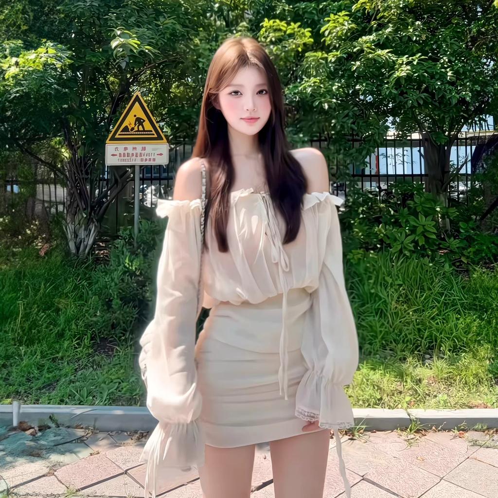White one-word shoulder dress French style absolute child early autumn new temperament long-sleeved waist A-word hip-wrapped short skirt