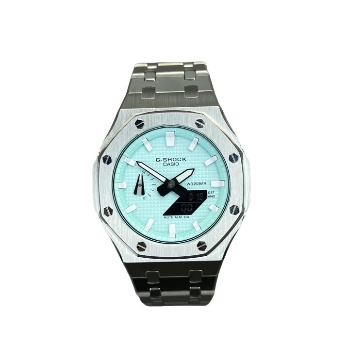 CASIO Custom Collection Quartz Movement Stainless Steel Watchband Watch Unisex Blue Dial GA2100-7A(Watch6--) Silver