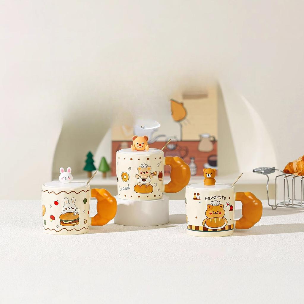 Cartoon Bear with Lid Spoon Large Capacity Student Ceramic Cup Underglaze Color Set Household Mug Small Gift Cup