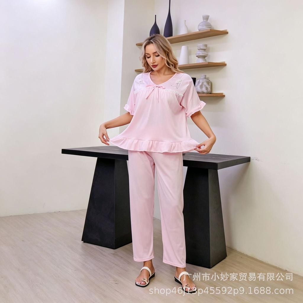 Women's pajamas threaded fabric lace splicing short-sleeved shorts sweet loungewear new explosion