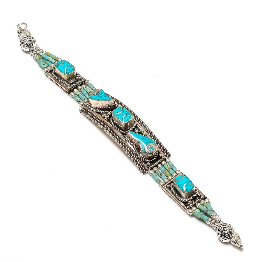 Turquoise Bracelet Bohemian Handmade Nepalese Tibetan Nepali Jewelry 7" NBB 3235