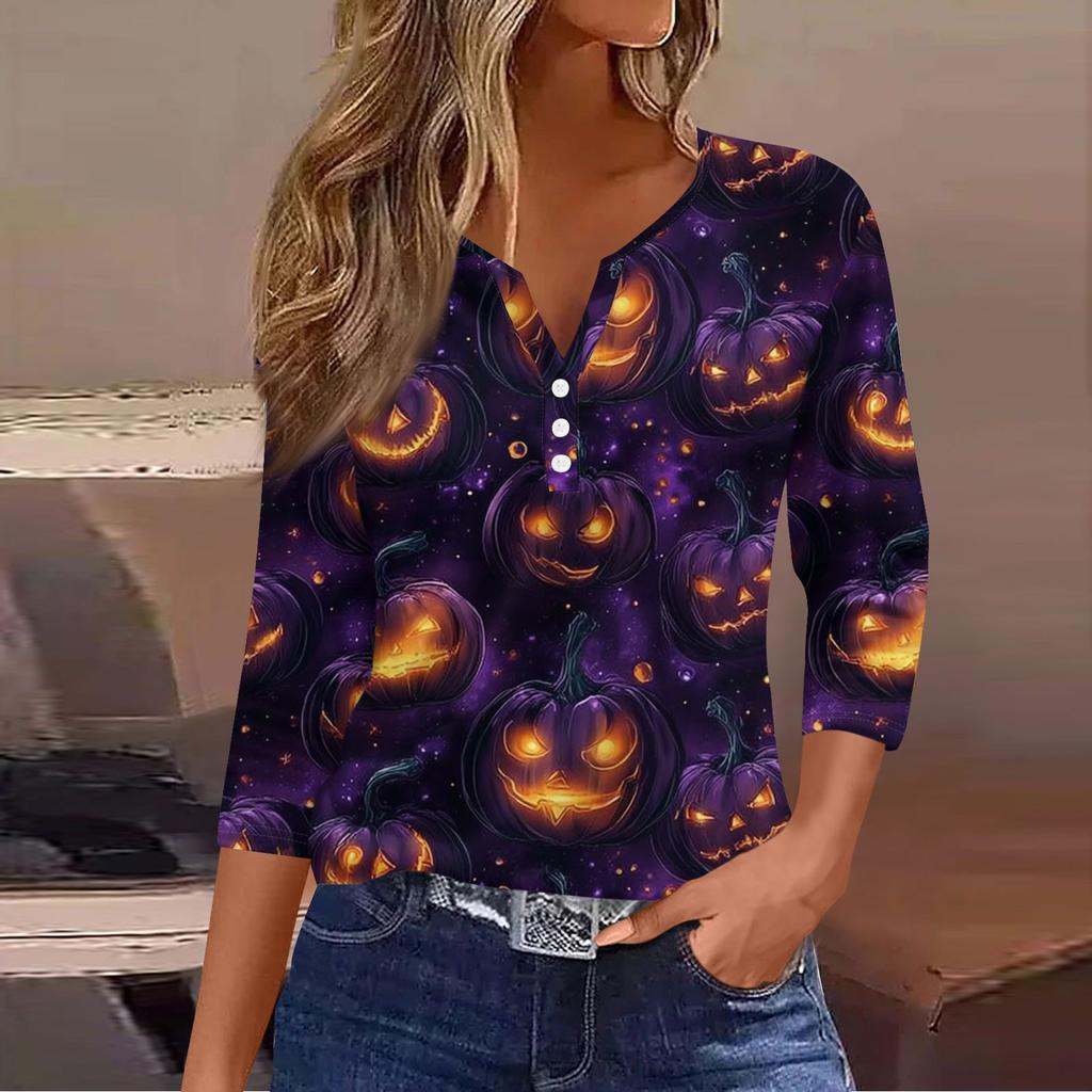 Women's Casual Fashion V-neck Loose Versatile Halloween Print Three-quarter Sleeve Top