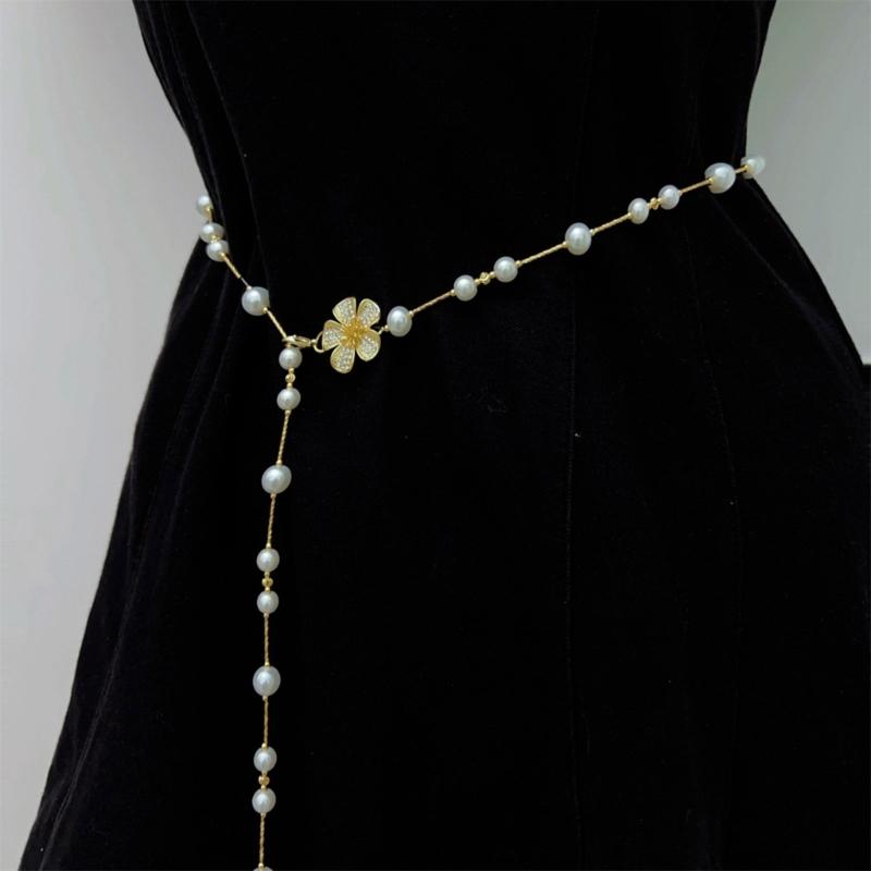 Adjustable Metallic Waist Belt Chain Necklace Adorned with Delicate Pearls for Dresses Evening Outfits or Casual Style