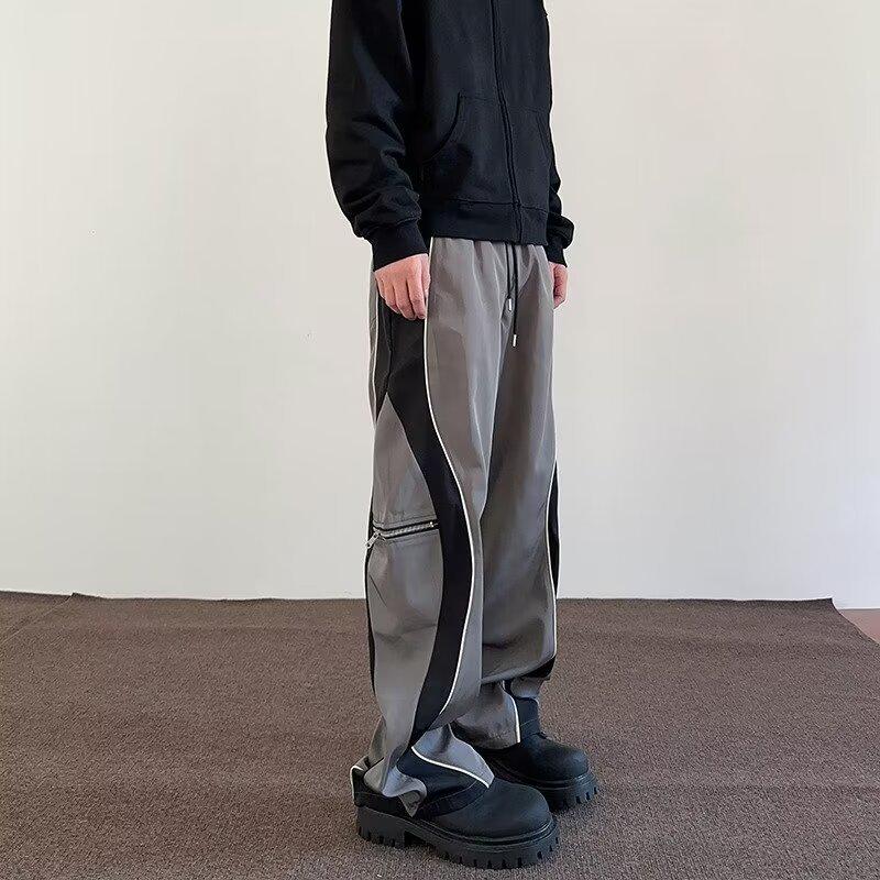 

2024 Контрастные цветные штаны с застежкой-молнией American Sports - унисекс повседневные прямые свободные брюки на весну XL серый