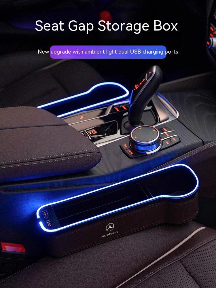 Neu Heiß 2026 Auto USB Lade Farbe Licht Sitz Aufbewahrungsbox Sitzspalt Box Für Mercedes-Benz A B C E V R-Klasse A45 C43 CLA GLA GL