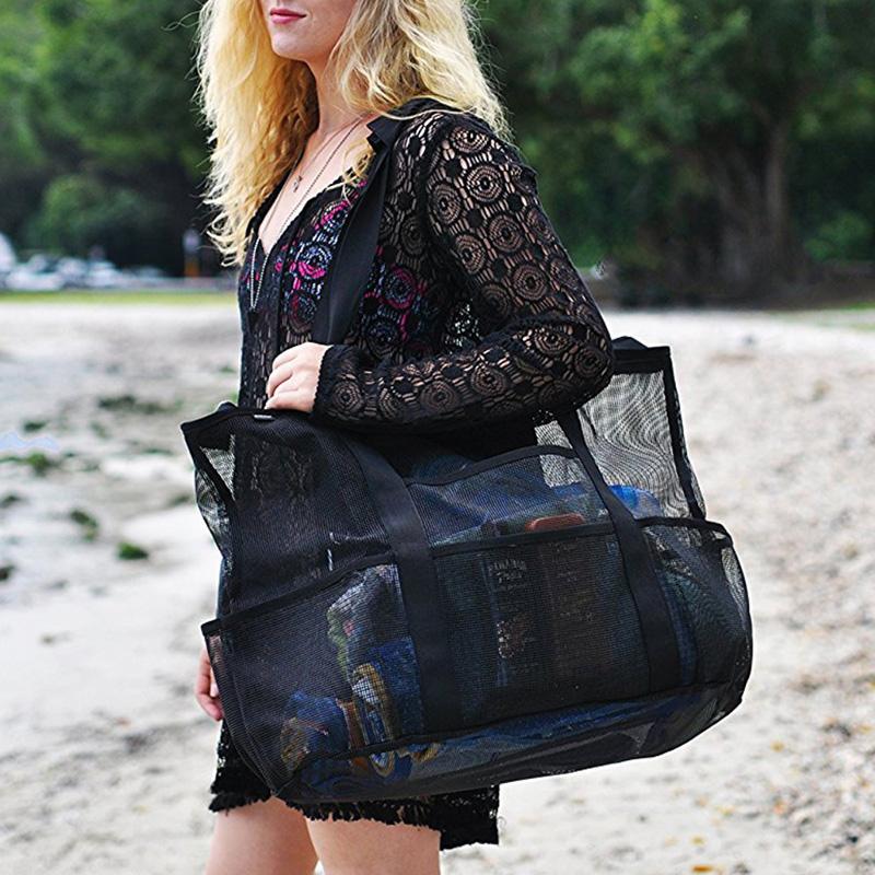 Summer Large Capacity Mesh Beach Bag For Towels 8 Pockets Durable Beach Bag For Toys Waterproof Underwear Pocket Beach Tote Bag