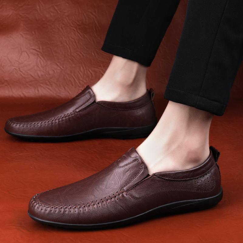 New Handmade Leather Loafers Mens Shoes Casual Slip On Driving Shoes Genuine Leather Breathable Business Shoes Flat Summer Shoes