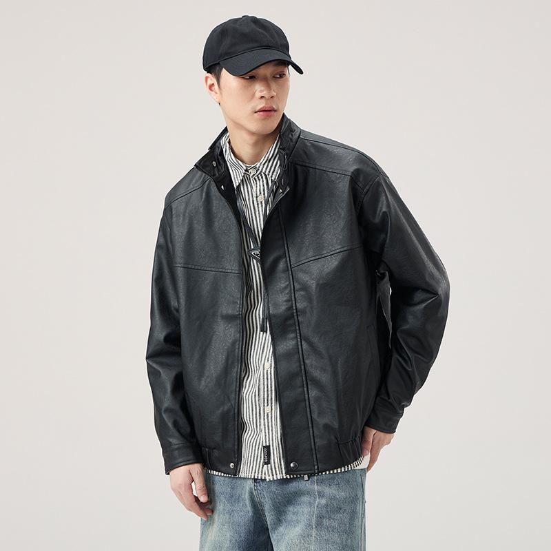 Vintage Solid Colour Versatile Pu Leather Jacket Men's Loose Large Size Stand-up Collar Biker Leather Jacket Casual Jacket