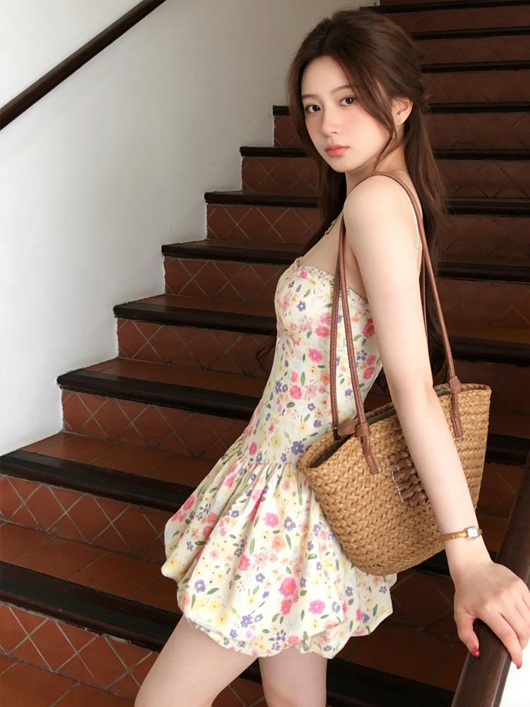 2026 French Floral Slip Dress: Spring/Summer Vacation Style, Waist-Cinched Short Skirt
