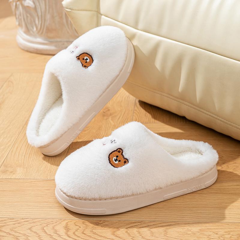 Cute bear head cotton slippers winter piled thickened cotton drag couple indoor home hair slippers