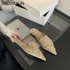 Fashion SUOJIALUN 2024 Autumn New Brand Women Slipper Fashion Pointed Toe Slip On Mules Shoes Soft Flat Heel Outdoor Dress Slides Shoes