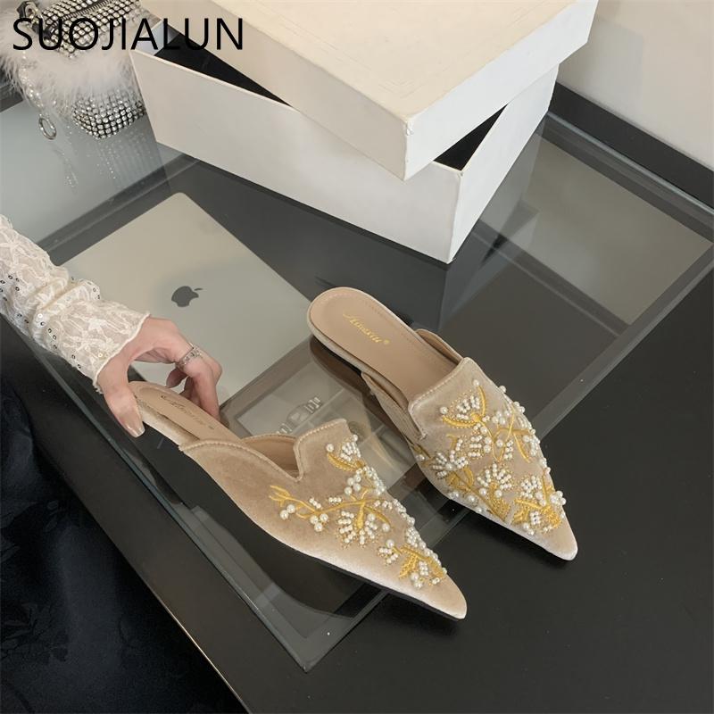 Fashion SUOJIALUN 2024 Autumn New Brand Women Slipper Fashion Pointed Toe Slip On Mules Shoes Soft Flat Heel Outdoor Dress Slides Shoes