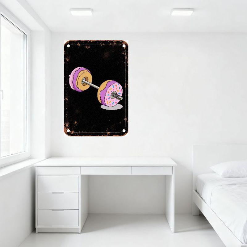 Vintage Rustic Barbell Donut Weights Metal Tin Sign Playful Fitness & Treats Art Decor for Home Cave Bar Club Restaurant Man Cav