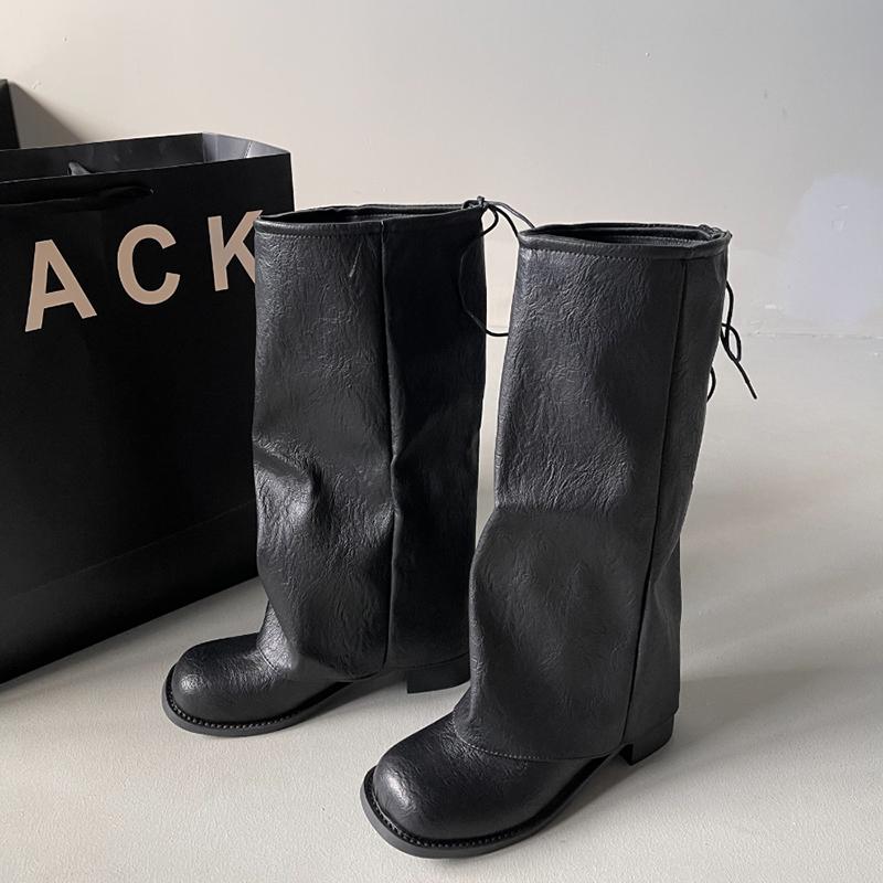 Vintage Thick Heel Women Trouser Legs Boots Fashion Ladies Round Toe Knight Long Booties Botas De Inverno Feminina