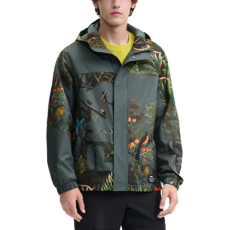 FILA X Rousseau Heritage Series Fashion Casual All-Over Print Loose Hooded Jacket Men jackets Green F11M448705F-ZA