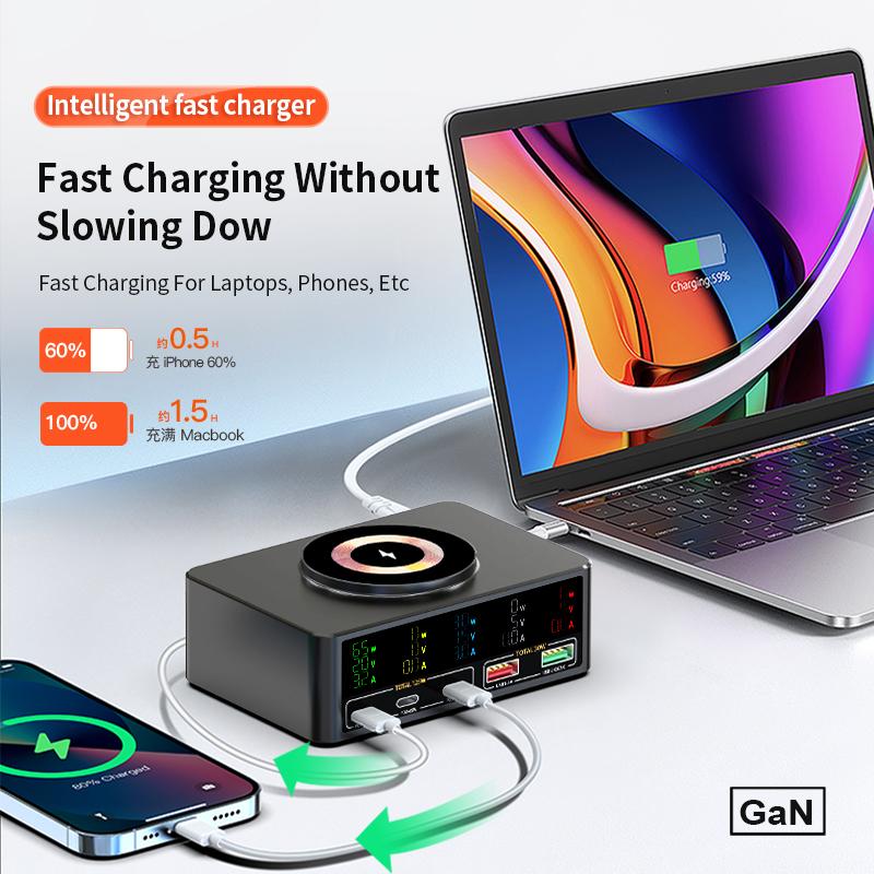 140W Magnetic Wireless Charging GaN USB C Charger PD 100W USB Type-C QC3.0 Desktop Fast Charge For Mackook Tablet iPhone Samsung