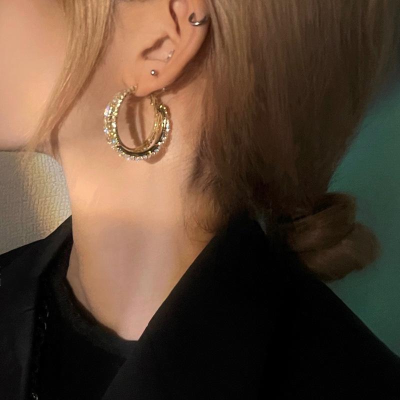C-shaped double-layer zircon earrings light luxury fashion versatile earrings temperament advanced sense niche design earrings women